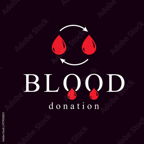 Blood donation vector symbol created with red blood drops and circulation arrows. Volunteer donorship, healthcare and medical treatment conceptual logo.