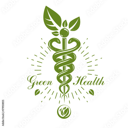 Aesculapius vector abstract logotype created using snakes and green leaves, Caduceus symbol. Healthy lifestyle is strong heart.