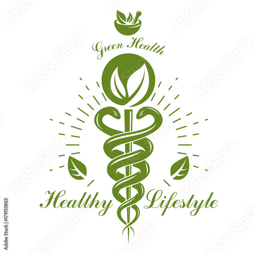 Pharmacy Caduceus icon, vector medical logo for use in holistic medicine, rehabilitation or pharmacology. Homeopathy creative symbol composed with mortar and pestle.