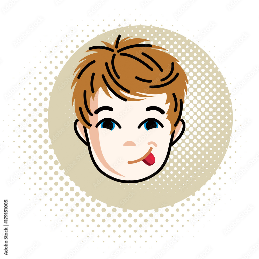 Boy face, vector human head illustration, portrait. Red-haired teenager making grimace. Boy face, vector human head illustration, portrait. Red-haired teenager making grimace.