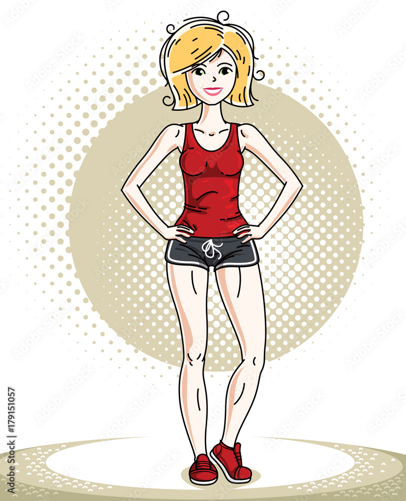 Young beautiful blonde athletic woman posing. Vector illustration of attractive female wearing shorts and T-shirt. Active and healthy lifestyle theme cartoon. Young beautiful blonde athletic woman posing. Vector illustration of attractive female wearing shorts and T-shirt. Active and healthy lifestyle theme cartoon.
