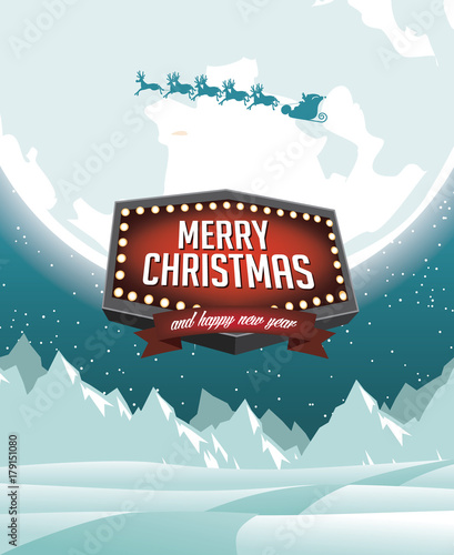 Merry Christmas illustration with huge full moon, retro sign and Santa Claus and reindeer riding over the North Pole on Christmas Eve. EPS 10 vector.