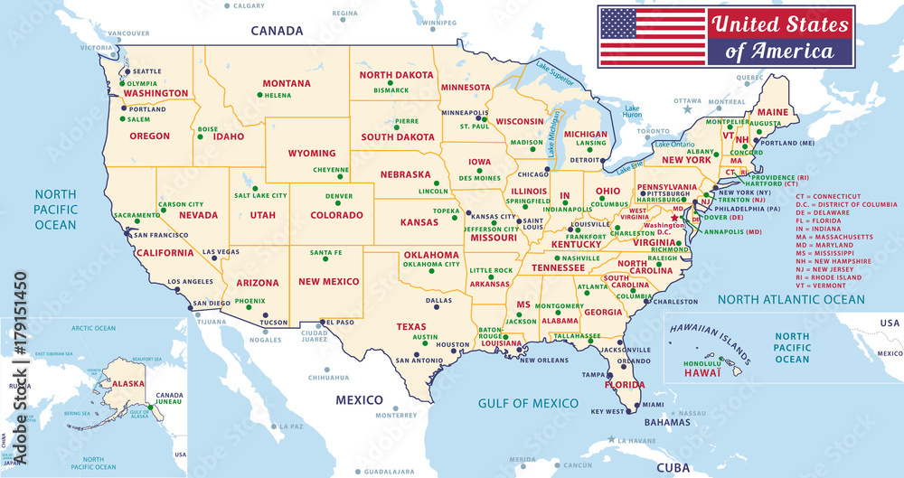 Naklejka premium Stolice i główne miasta Stanów Zjednoczonych Ameryki. Piękny nowoczesny graficzny wektor Mapa Usa. Alaska i Hawai. Odcienie pastelowe.