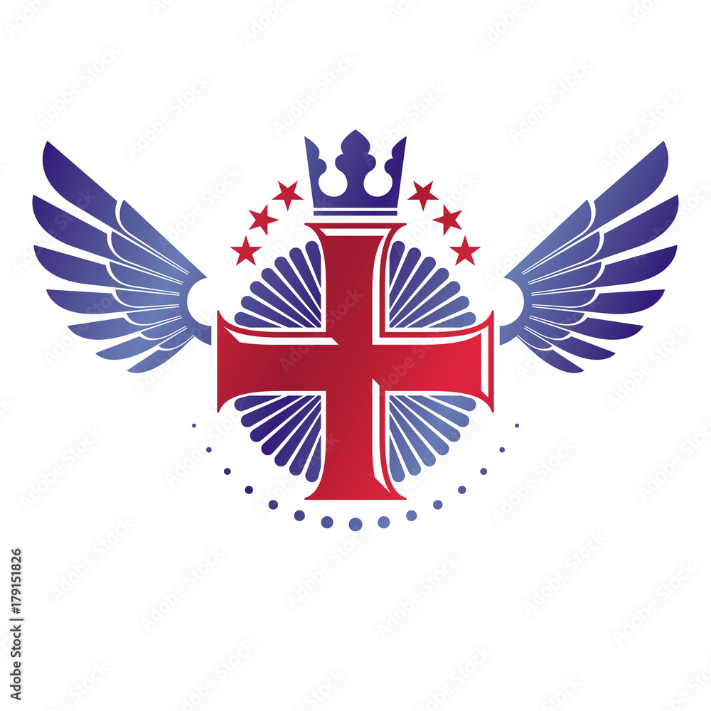 Fototapeta premium Cross Religious graphic emblem created using imperial crown and angel wings, Christian crucifixion. Heraldic Coat of Arms, vintage vector logo isolated on white background.