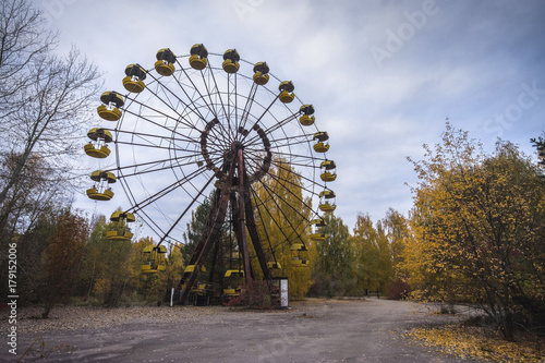 Abandoned Pripyat city in Chernobyl Exclusion Zone at autumn time