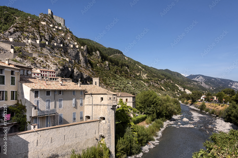 France, Entrevaux: Skyline panoramic view with gorge of river Var and old ancient citadel which overlooks the old town.