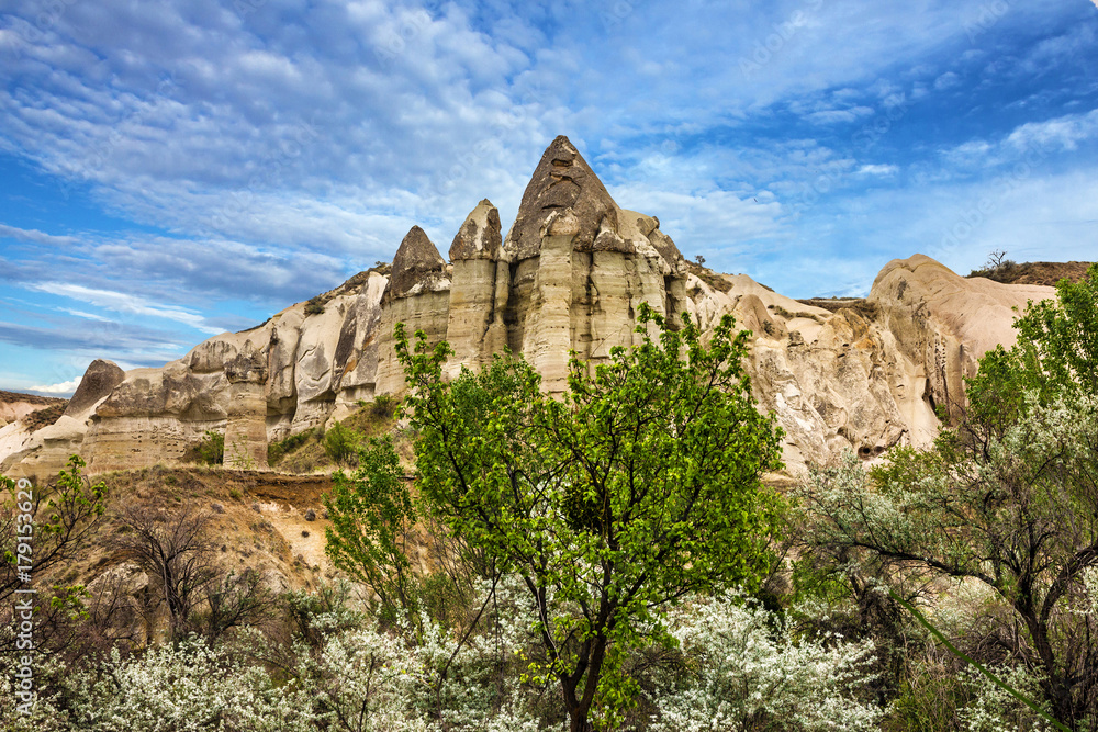 mountain landscape. Cappadocia, Anatolia, Turkey. Volcanic mountains in Goreme national park.
