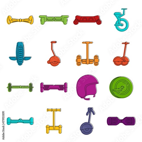 Balancing scooter icons doodle set