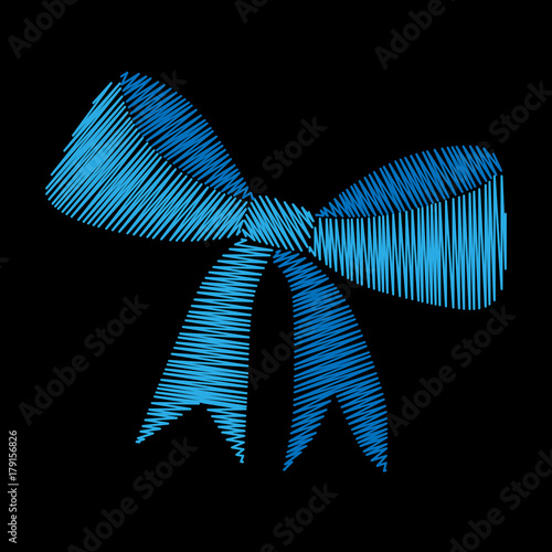 Isolated bow with ribbon embroidery stitches imitation on the black background