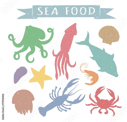 Fototapeta Naklejka Na Ścianę i Meble -  Seafood hand drawn colorful vector illustrations isolated on white background, elements for restaurant menu design, decor, label. Vintage silhouettes of sea animals.
