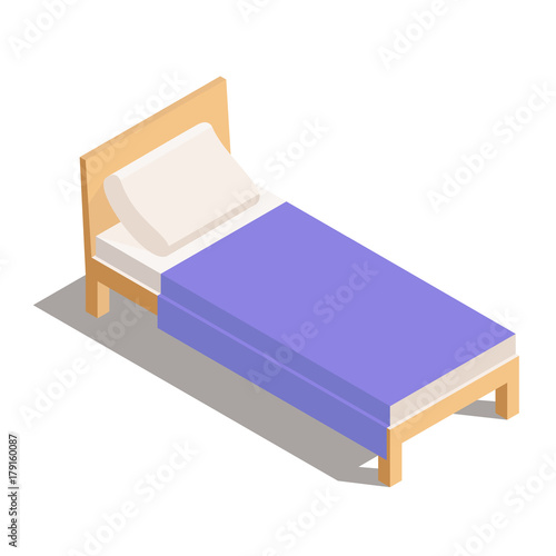 Single Wooden Bed in Isometric with blanket and pillow. Vector illustration isolated from background