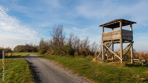 cycling on field path and wooden lookout on lakeside