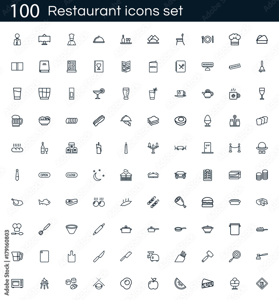 Restaurant icon set with 100 vector pictograms. Simple outline food icons isolated on a white background. Good for apps and web sites.