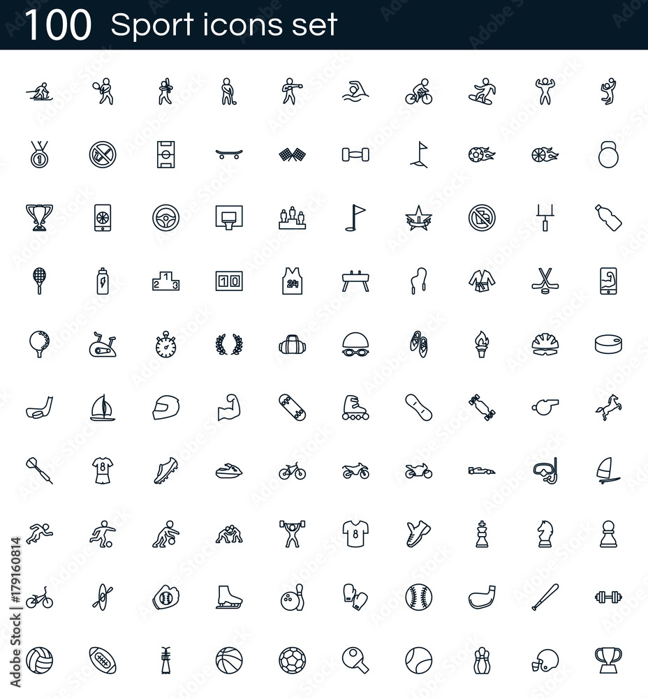Naklejka premium sport icon set with 100 vector pictograms. Simple outline fitness, gym isolated on a white background. Good for apps and web sites.