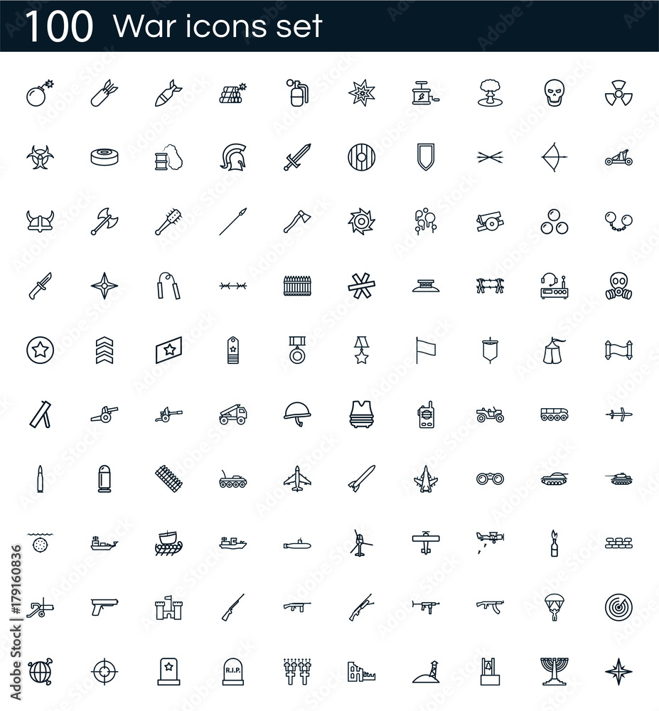 War icon set with 100 vector pictograms. Simple outline military isolated on a white background. Good for apps and web sites. War icon set with 100 vector pictograms. Simple outline military isolated on a white background. Good for apps and web sites.
