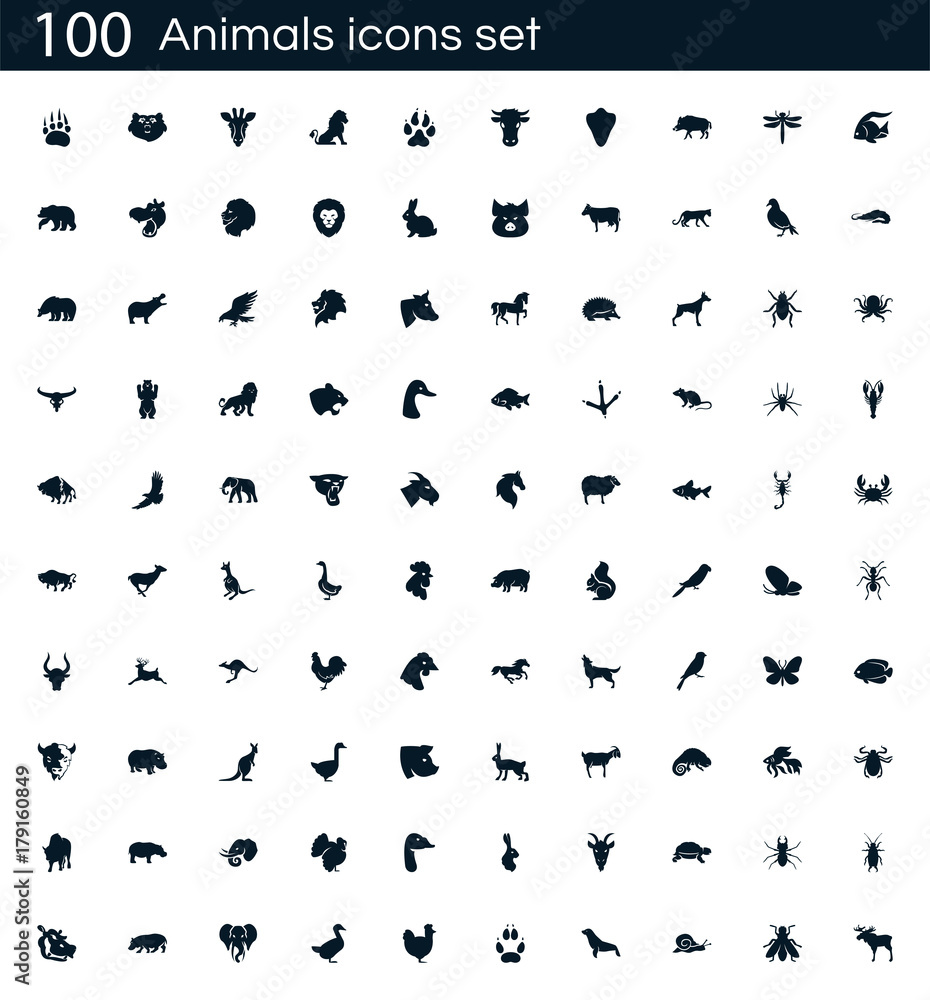 Animals icon set with 100 vector pictograms. Simple filled farm icons isolated on a white background. Good for apps and web sites.