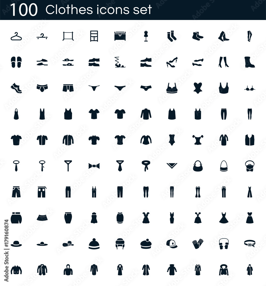 Clothes icon set with 100 vector pictograms. Simple filled dress icons isolated on a white background. Good for apps and web sites.