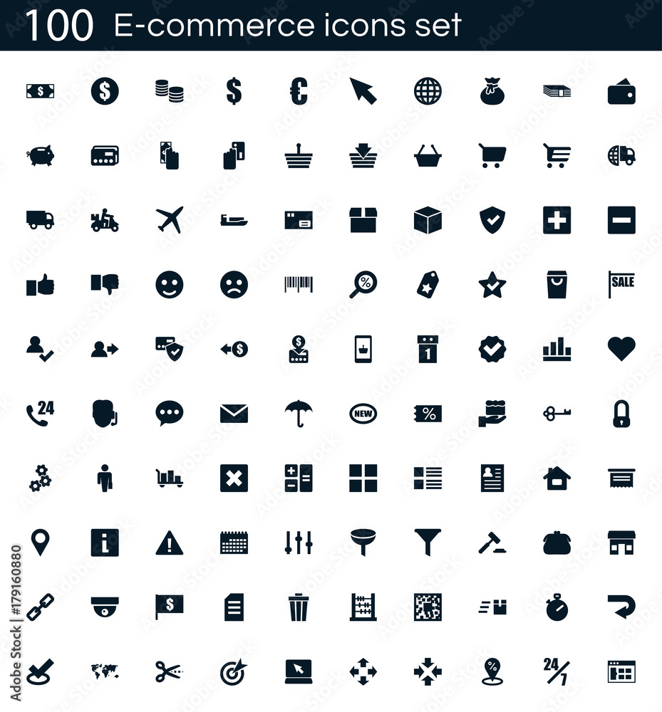 E-commerce icon set with 100 vector pictograms. Simple filled shopping icons isolated on a white background. Good for apps and web sites. E-commerce icon set with 100 vector pictograms. Simple filled shopping icons isolated on a white background. Good for apps and web sites.