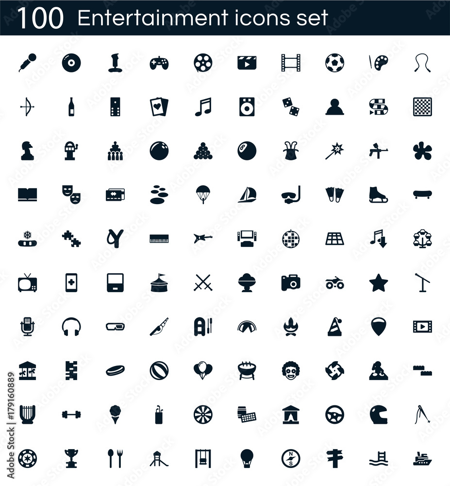 Entertainment icon set with 100 vector pictograms. Simple filled fun icons isolated on a white background. Good for apps and web sites. Entertainment icon set with 100 vector pictograms. Simple filled fun icons isolated on a white background. Good for apps and web sites.