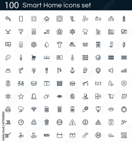 Smart home icon set with 100 vector pictograms. Simple outline icons isolated on a white background. Good for apps and web sites.