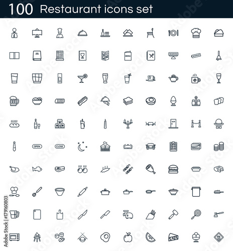 Restaurant icon set with 100 vector pictograms. Simple outline food icons isolated on a white background. Good for apps and web sites.