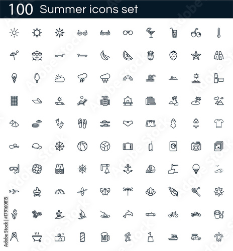 Summer icon set with 100 vector pictograms. Simple outline beach isolated on a white background. Good for apps and web sites.