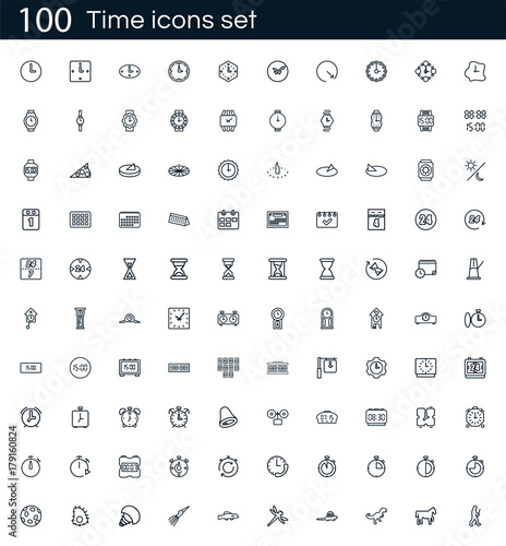 Time icon set with 100 vector pictograms. Simple outline isolated on a white background. Good for apps and web sites. photo