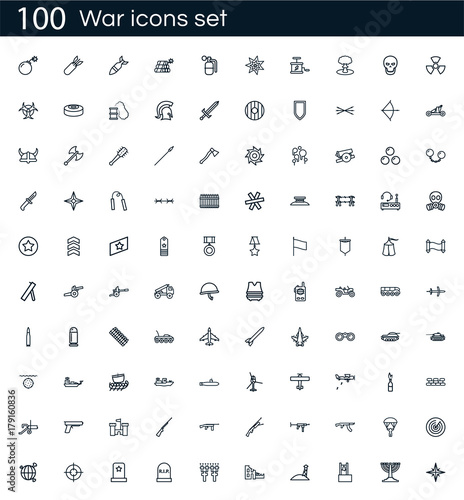 War icon set with 100 vector pictograms. Simple outline military isolated on a white background. Good for apps and web sites.