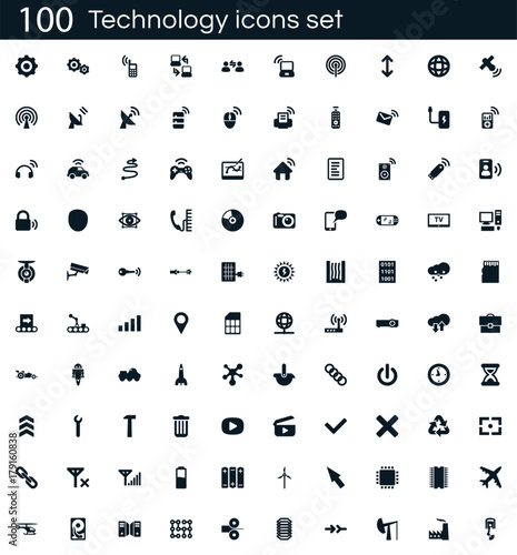 Technology icon set with 100 vector pictograms. Simple filled isolated on a white background. Good for apps and web sites.
