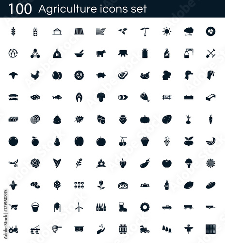 Agriculture icon set with 100 vector pictograms. Simple filled farming icons isolated on a white background. Good for apps and web sites.