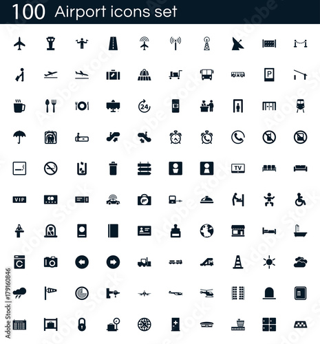 Airport icon set with 100 vector pictograms. Simple filled icons isolated on a white background. Good for apps and web sites.