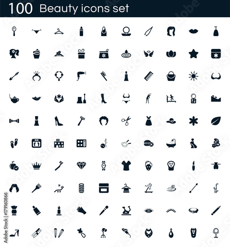 beauty icon set with 100 vector pictograms. Simple filled spa icons isolated on a white background. Good for apps and web sites.