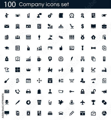 Company icon set with 100 vector pictograms. Simple filled business icons isolated on a white background. Good for apps and web sites.
