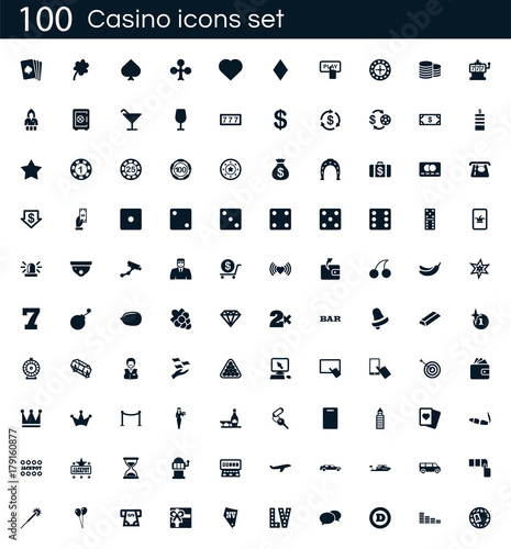 Casino icon set with 100 vector pictograms. Simple filled gambling icons isolated on a white background. Good for apps and web sites.