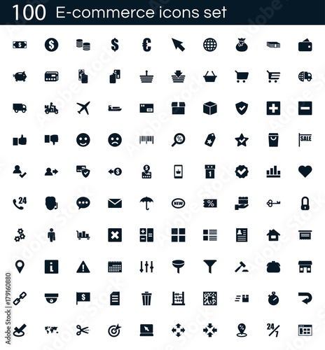 E-commerce icon set with 100 vector pictograms. Simple filled shopping icons isolated on a white background. Good for apps and web sites.