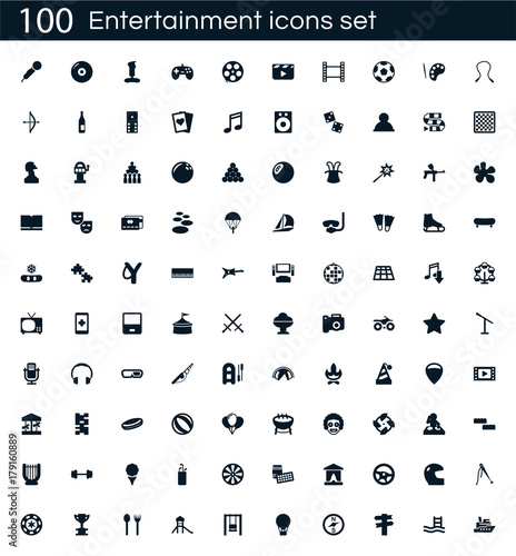 Entertainment icon set with 100 vector pictograms. Simple filled fun icons isolated on a white background. Good for apps and web sites.