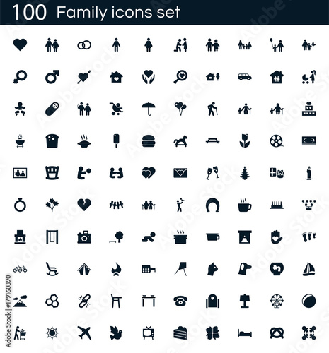 Family icon set with 100 vector pictograms. Simple filled icons isolated on a white background. Good for apps and web sites.