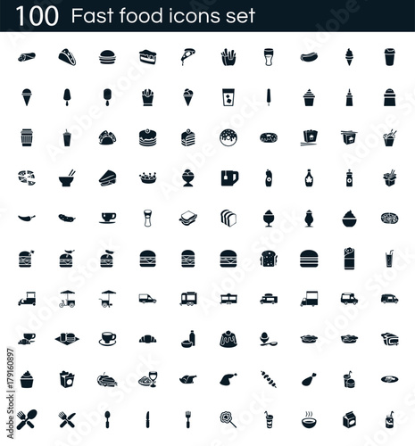 Fast food icon set with 100 vector pictograms. Simple filled restaurant icons isolated on a white background. Good for apps and web sites.