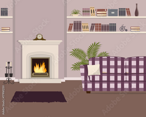 Purple living room with fireplace and checkered sofa. The room also has a shelves with books and home decor, a mantel clock and big flower. Vector illustration.