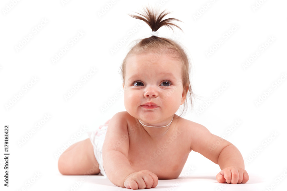 cute happy little girl in diaper lies cute happy little girl in diaper lies