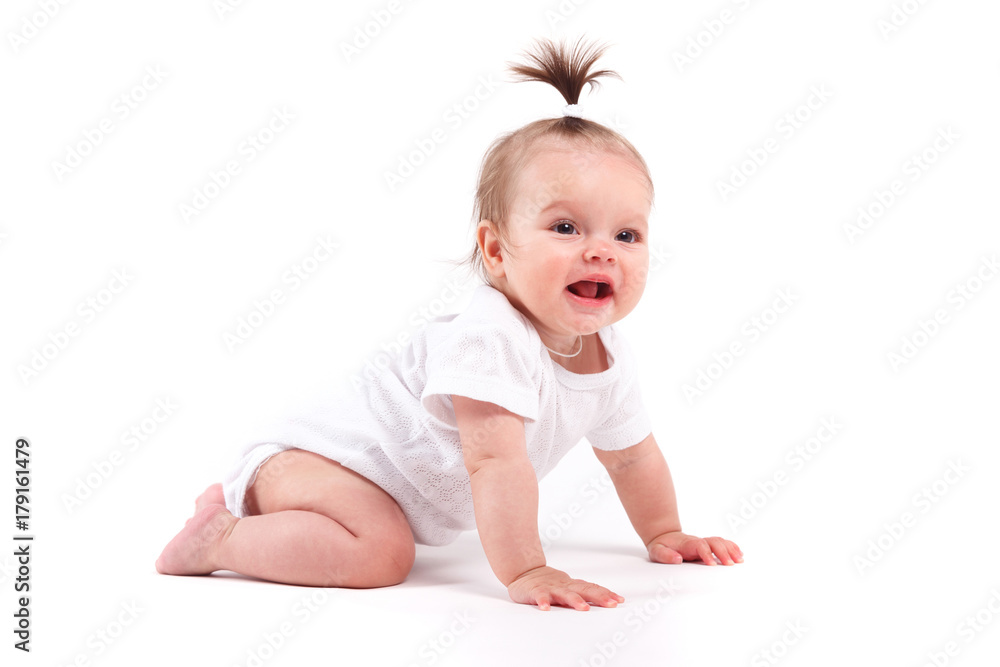 cute beautiful baby girl in white shirt lies cute beautiful baby girl in white shirt lies