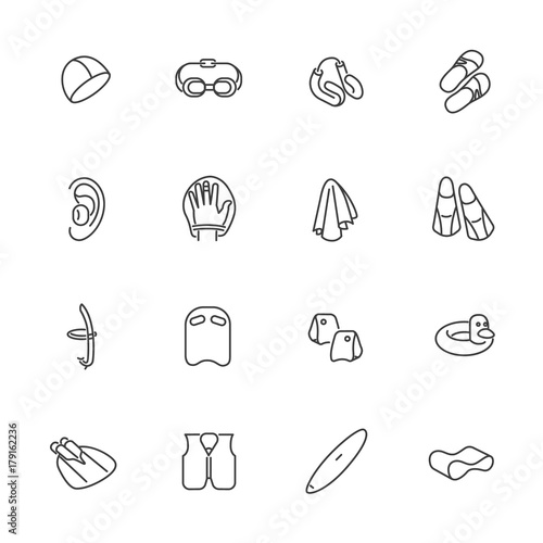 Icons of accessories for swimming and water sports in line style / There are swimming clothes, accessories and surfing board
