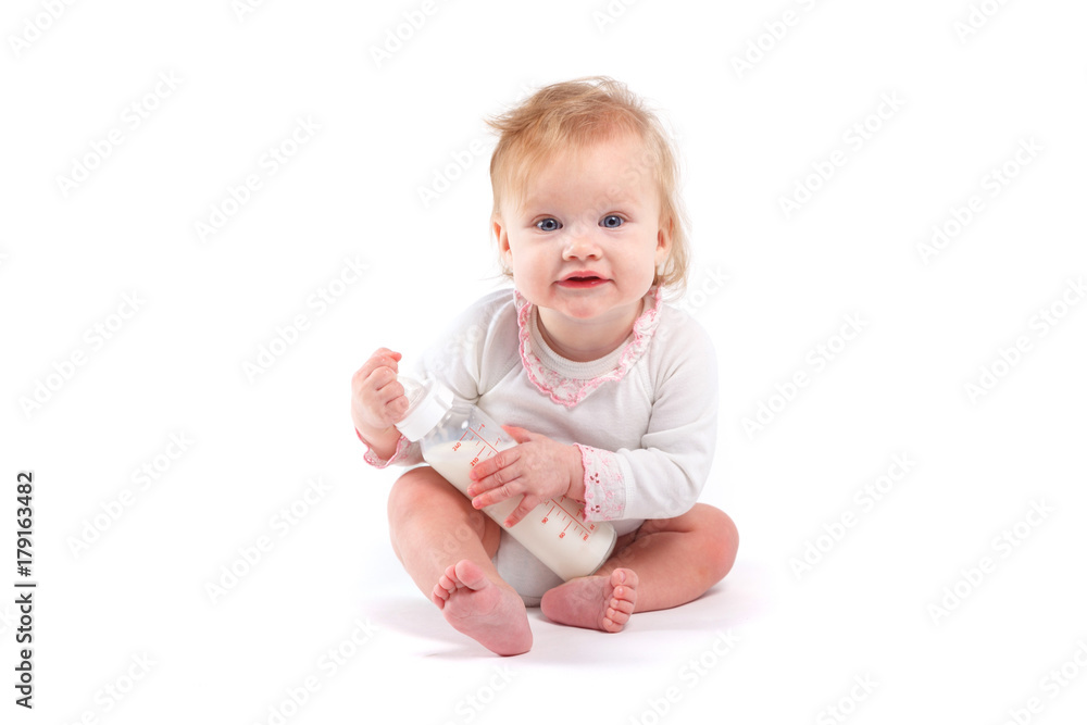 cute happy baby girl in white shirt hold bottle cute happy baby girl in white shirt hold bottle