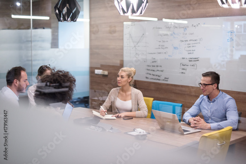 Startup Business Team At A Meeting at modern office building