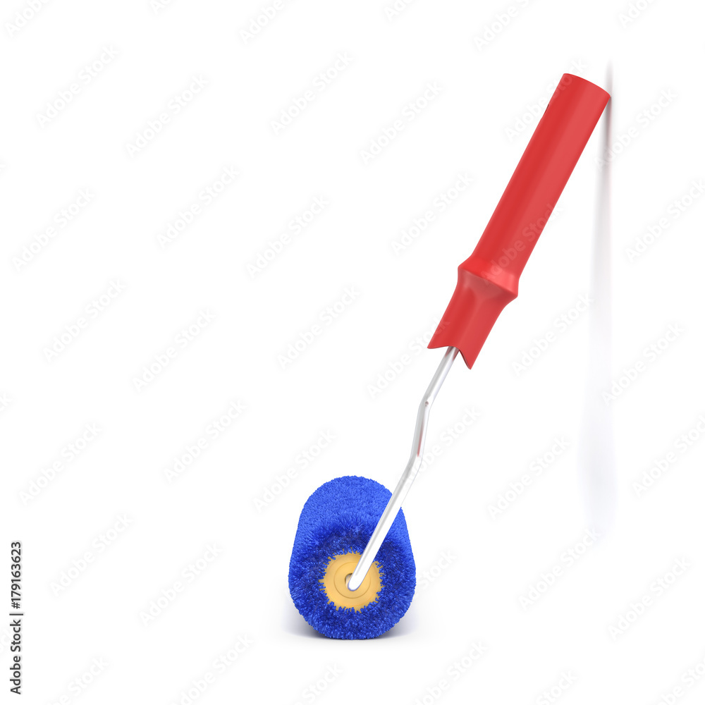 3d rendering of a single paint roller in blue and red color leaning on a white wall. 3d rendering of a single paint roller in blue and red color leaning on a white wall.