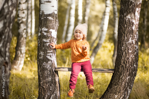 Adorable little girl in the autumn forest, sunny day.