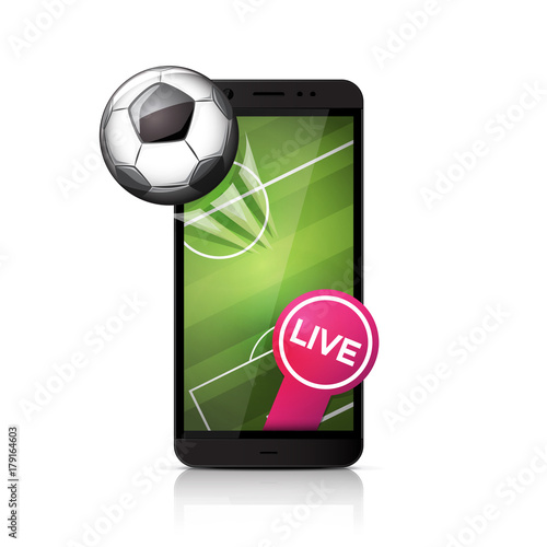 Football soccer ball flying from smartphone screen. 