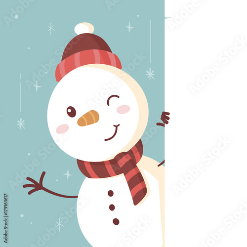 Cute snowman standing behind the white banner vintage retro vector cartoon illustration