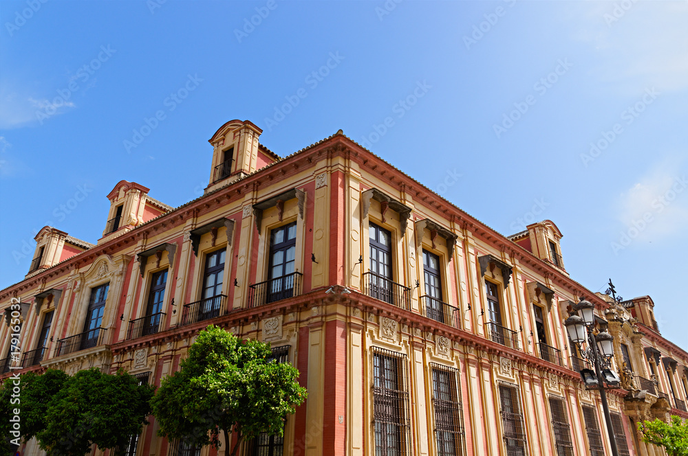Historic buildings and monuments of Seville, Spain. Spanish architectural styles of Gothic and Mudejar, Baroque Historic buildings and monuments of Seville, Spain. Spanish architectural styles of Gothic and Mudejar, Baroque