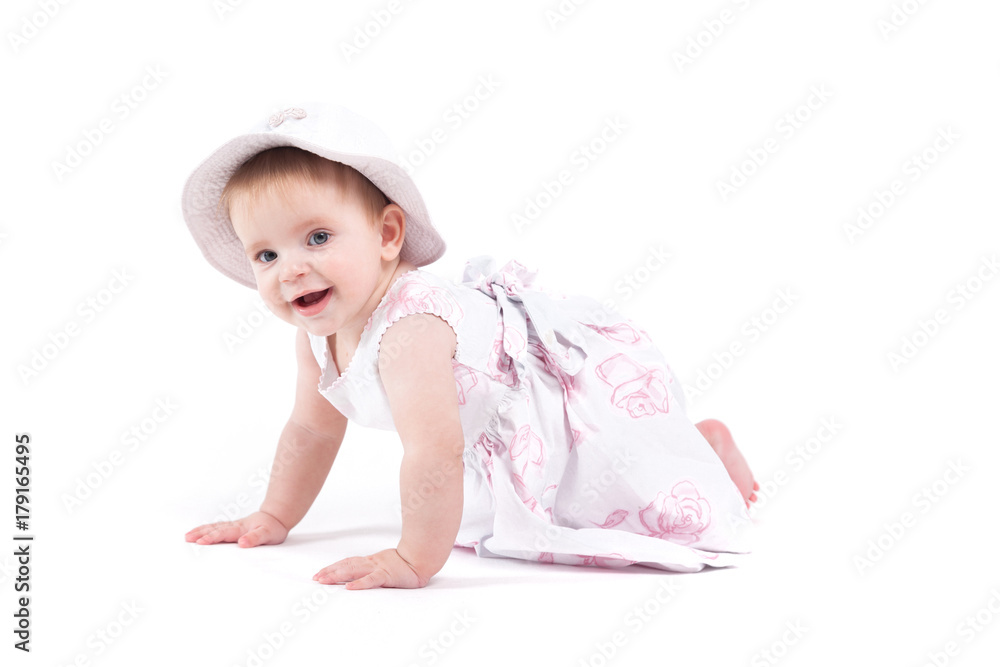cute cheerful little girl in dress and panama cute cheerful little girl in dress and panama